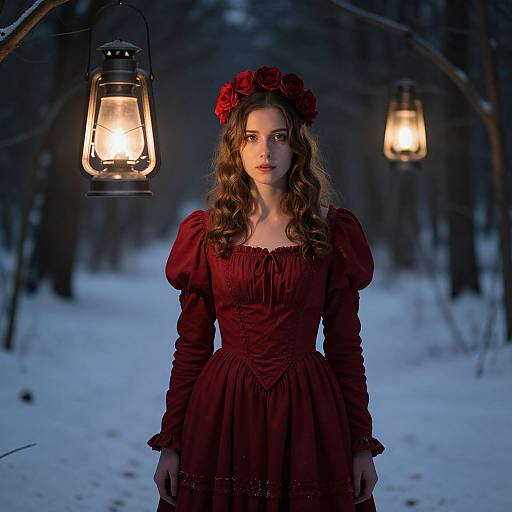 Victorian Woman in Snowy Lantern-lit Forest