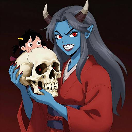 Menacing Blue-Skinned Woman with Skull