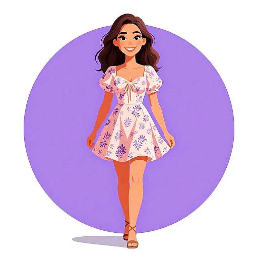 Digital illustration of a smiling young woman with long brown hair, wearing a white floral dress and sandals, standing against a purple circle background.
