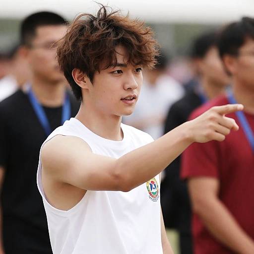 Young Man Pointing in Bright Outdoor Setting