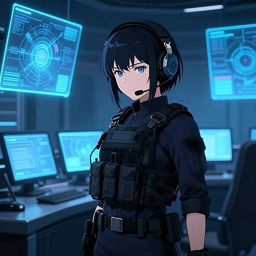 Digital anime-style illustration of a focused female hacker in black tactical gear, headset, and vest, standing in a high-tech, blue-lit control room