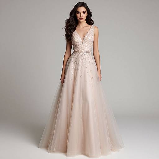 Photograph of a brunette woman with long wavy hair, wearing a sleeveless, deep V-neck, ivory ball gown with sparkling embroidery and a full