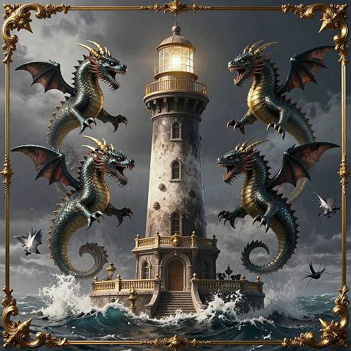 Baroque Sea Monsters Clashing at Lighthouse