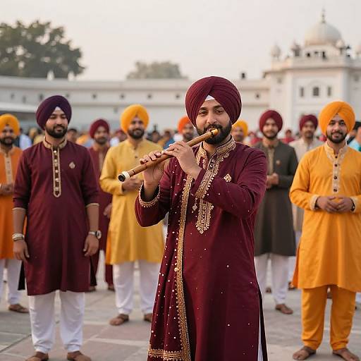 Photograph of a bearded Sikh man in maroon kurta and turban, playing a flute, surrounded by other Sikhs in yellow and mar