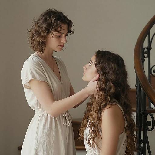 Two Women on Staircase in Intimate Moment