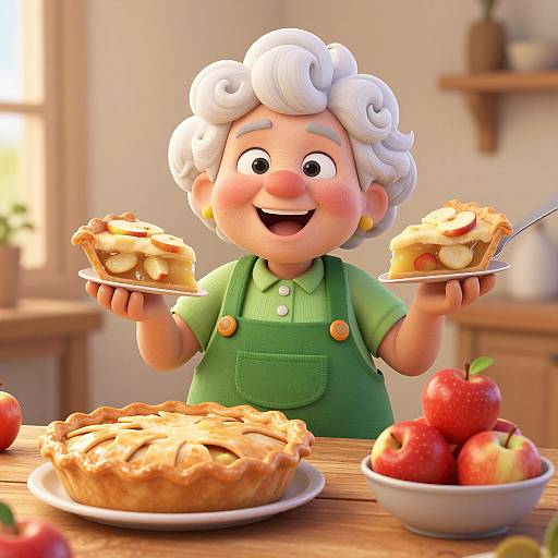 CGI cartoon of a cheerful elderly woman with white curly hair, green shirt, and overalls, happily eating apple pies with apples on a wooden table