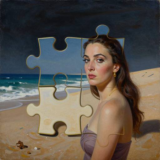 Photorealistic digital art: Brunette woman with gold earrings and strapless top, standing on beach, framed by two puzzle pieces, ocean waves in