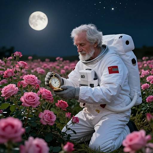 Elderly Astronaut in Rose Field