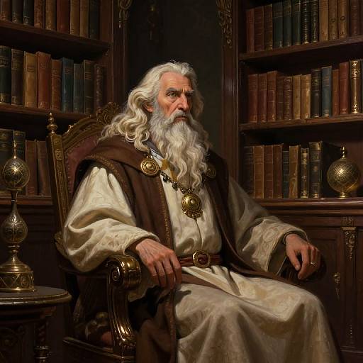 Photorealistic painting of an elderly, white-bearded wizard in a luxurious, dimly lit library, seated on an ornate chair with booksh
