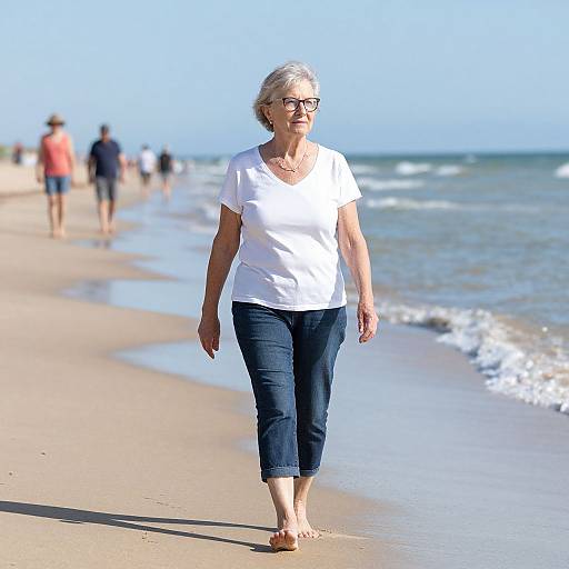 Serene Older Woman Walking Beach
