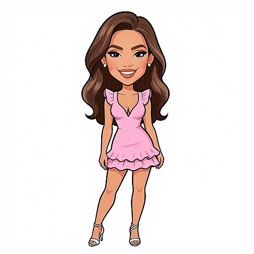 Cartoon-style digital illustration of a smiling woman with long brown hair, wearing a pink, V-neck, ruffled dress, and white sandals.