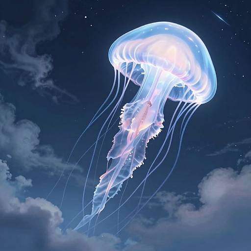 Photorealistic digital artwork of a glowing blue jellyfish with translucent tentacles, floating above dark blue sky with scattered clouds and stars.