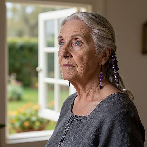 Photograph of an elderly woman with gray hair, wearing a gray shirt and purple earrings, gazing thoughtfully out a sunlit window.