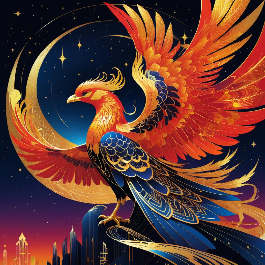 Futuristic Fire Phoenix in Celestial Night