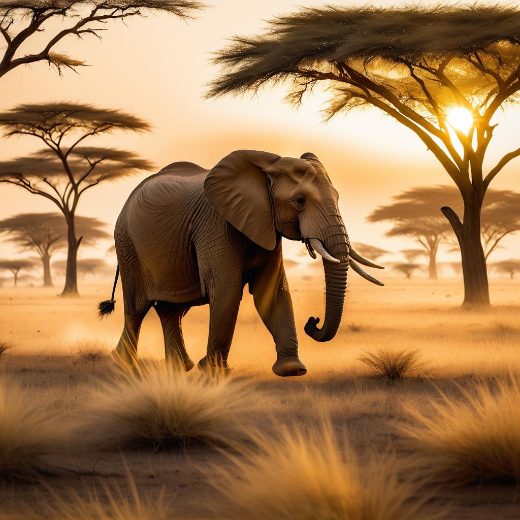 Majestic Elephant in Golden Hour Savanna