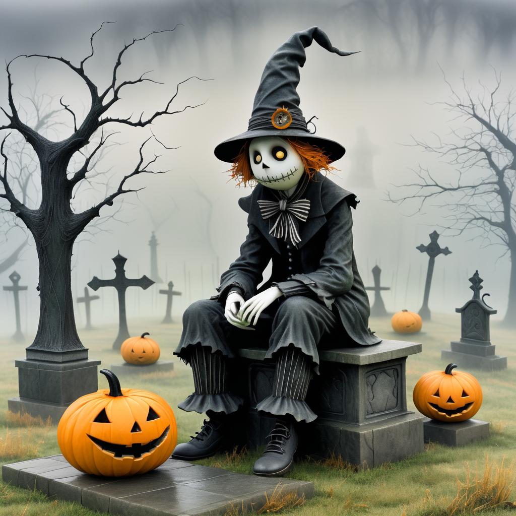 Whimsical Scarecrow in Misty Graveyard