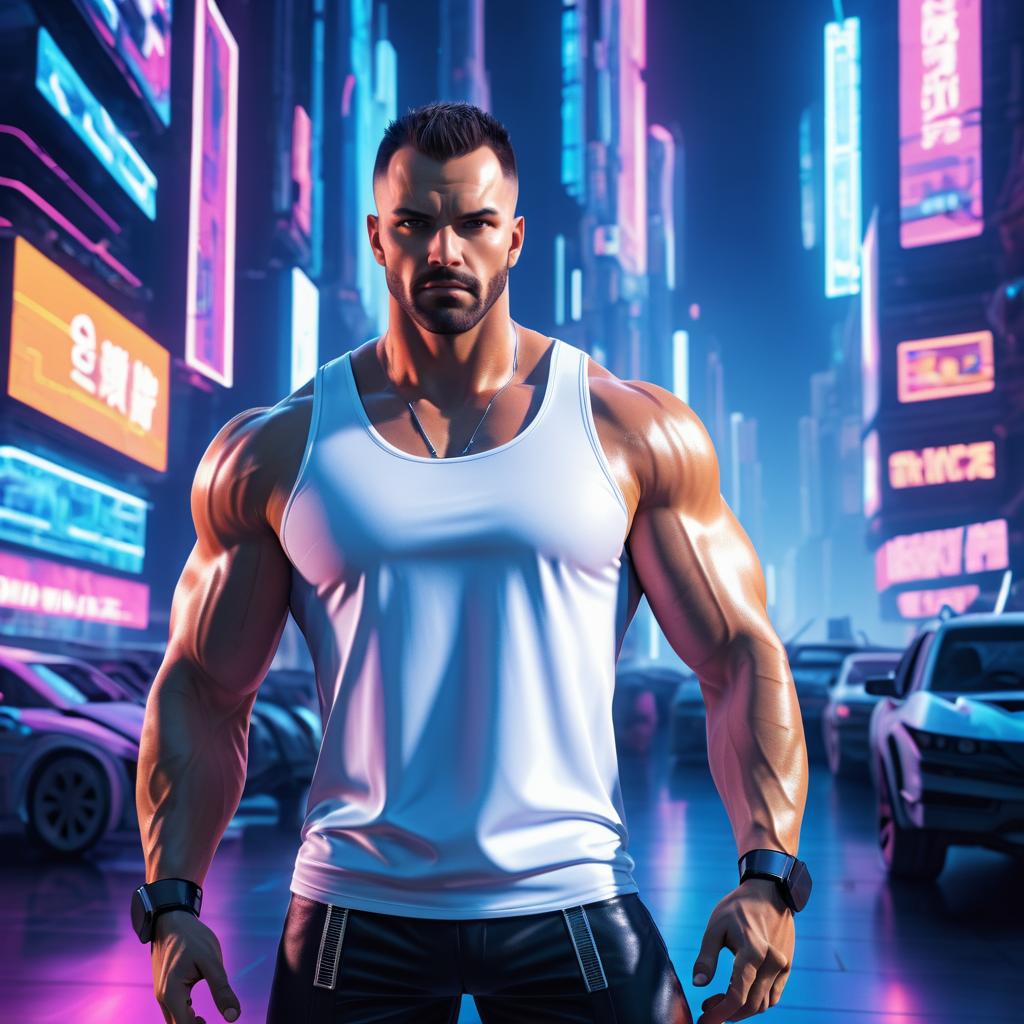 Muscular Man in Cyberpunk Cityscape