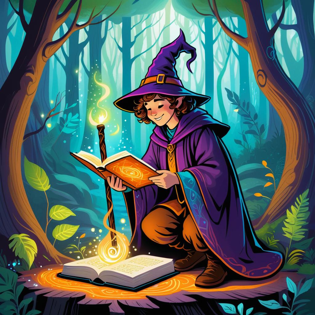 Cheerful Young Wizard in Enchanted Forest