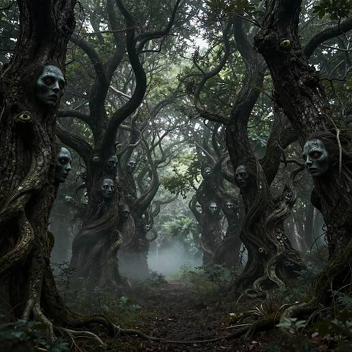 Photograph of a dark, dense forest with twisted, gnarled trees featuring multiple hollowed-out faces carved into their trunks, shrouded