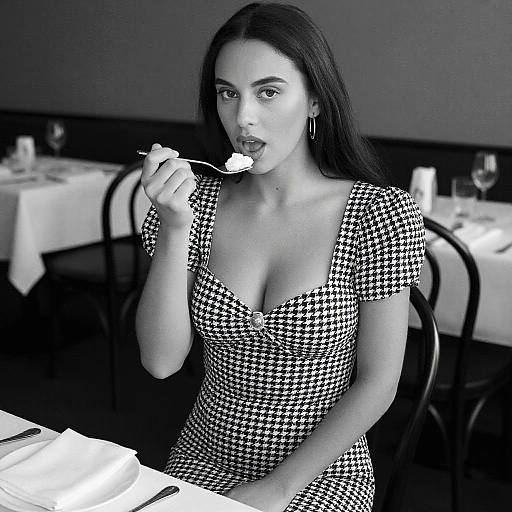 Black-and-white photograph of a woman with long dark hair, wearing a low-cut, houndstooth dress, sensually eating a dessert at a