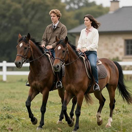 Casual Riders on Brown Horses in Nature