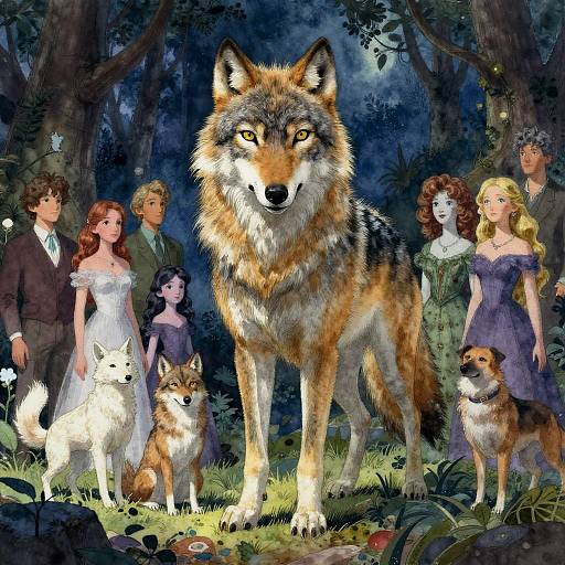 Digital painting: A large, majestic wolf stands in a moonlit forest, surrounded by six people and four dogs in elegant Victorian attire.