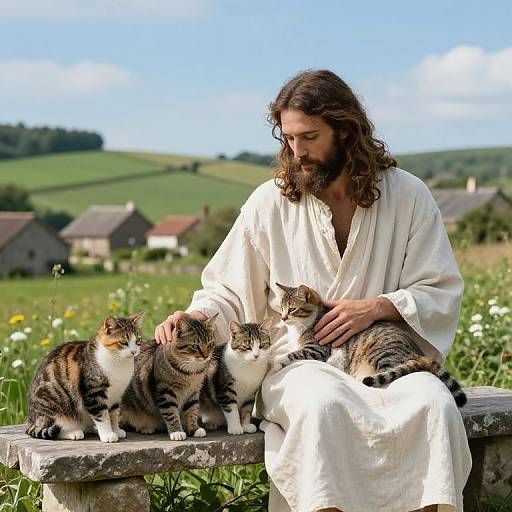 Jesus Petting Cats in Countryside