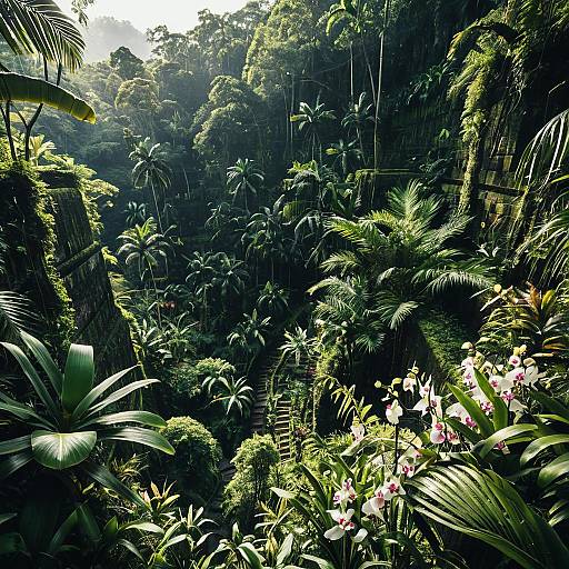 Lush Tropical Rainforest with Terraced Walls and Orchids