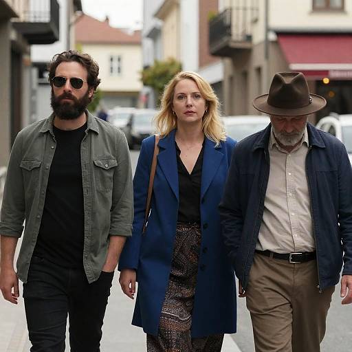 Three People Walking on City Street