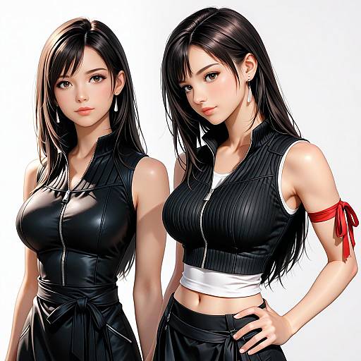 Digital art of two attractive Asian women with long black hair, wearing black sleeveless leather tops, white midriff, and red arm ribbon, standing