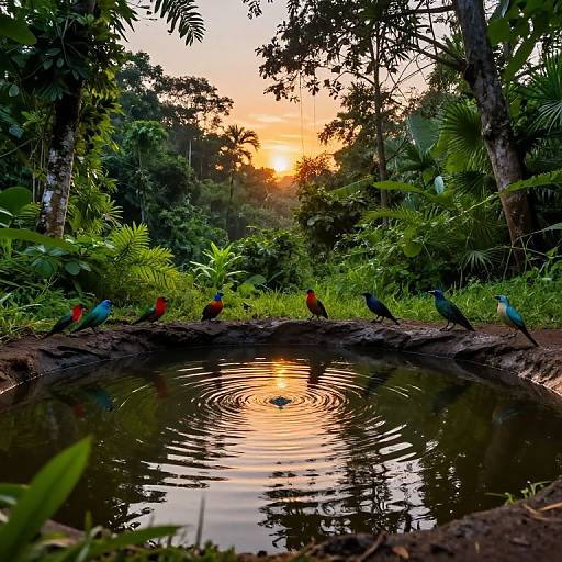 Photograph of vibrant blue and red birds perched on a muddy riverbank at sunset, reflecting in the water, surrounded by lush, dense tropical foliage