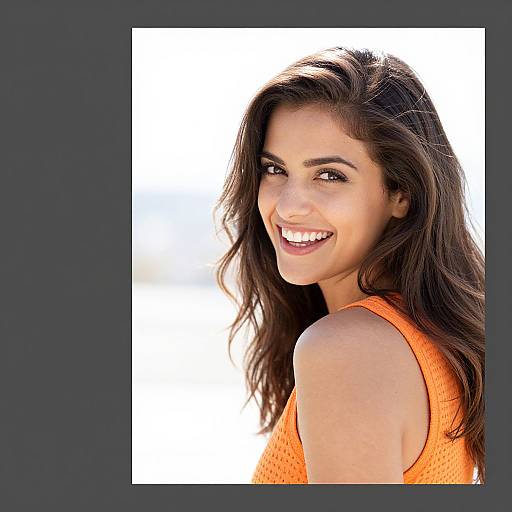 Photograph of a smiling, dark-haired woman with wavy hair, wearing an orange sleeveless top, against a bright white background.