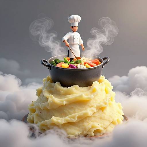 Photograph of a miniature chef figurine standing in a steaming pot of colorful vegetables atop a layered, creamy lasagna cloud.
