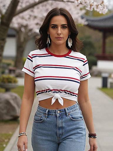 Photograph of a young woman with dark hair, wearing a tied white striped crop top and high-waisted blue jeans, standing outdoors in a cherry