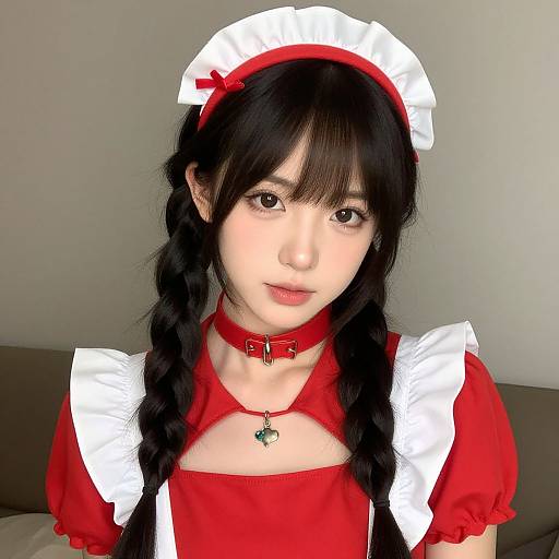 Photograph of an Asian woman in a red and white maid outfit with braided black hair, red choker, and headpiece, against a plain
