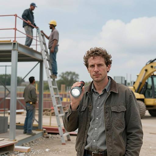 Construction Worker Holding Flashlight at Site