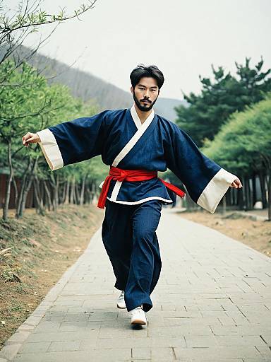 Man in Traditional Korean Costume Dancing Outdoors