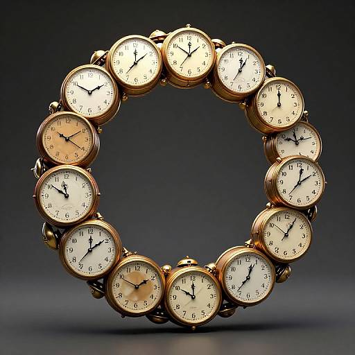 Photograph of a circular, gold, vintage-style watch chain with 12 identical white-faced clocks, each showing different times, against a dark gradient background
