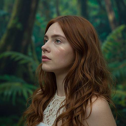 Photograph of a fair-skinned, red-haired woman with wavy hair, wearing a white lace top, standing in a lush, green forest.