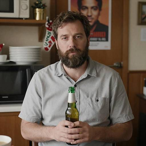 Bearded Man Holding Beer in Cluttered Room