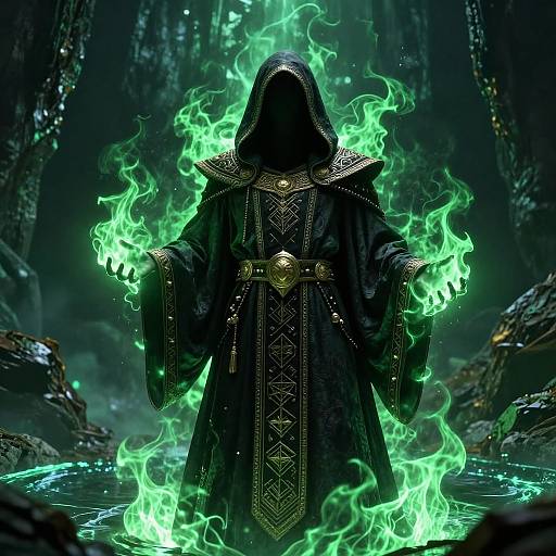 Mysterious hooded figure in dark, ornate cloak with glowing green flames emanating from outstretched hands, standing in eerie, glowing water.