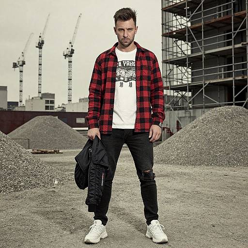 Photograph of a bearded man in a red plaid shirt, white graphic tee, black ripped jeans, and white sneakers, holding a black jacket