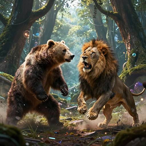 Digital art of a fierce battle between a brown bear and a roaring lion in a mystical forest, with sunlight filtering through trees, creating an ethereal glow