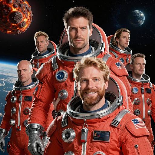 Group of Astronauts in Red Space Suits in Outer Space