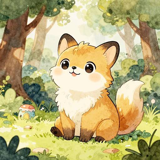 Cute, cartoon-style drawing of a fluffy, orange and white fox with big eyes sitting in a sunlit forest with trees and colorful flowers.