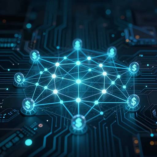Digital illustration of a glowing blue network of interconnected nodes with dollar signs, set against a dark, circuit board background.