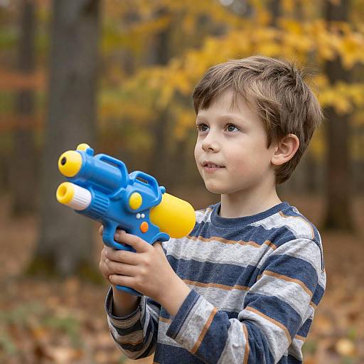 Curious Boy with Water Gun in Autumn