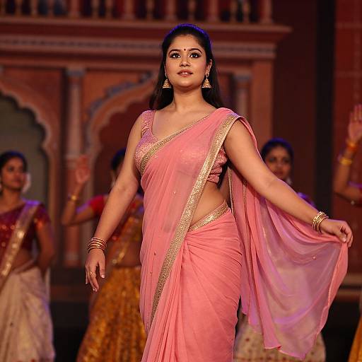 Photograph of an Indian model in a pink saree with gold trim, walking on a stage, surrounded by other models in traditional attire, with orn