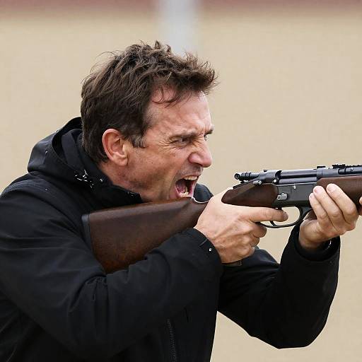 Intense Mid-Aged Man Aiming Rifle