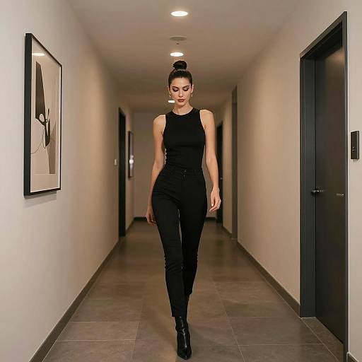 Elegant Woman Walking in Dim Hallway